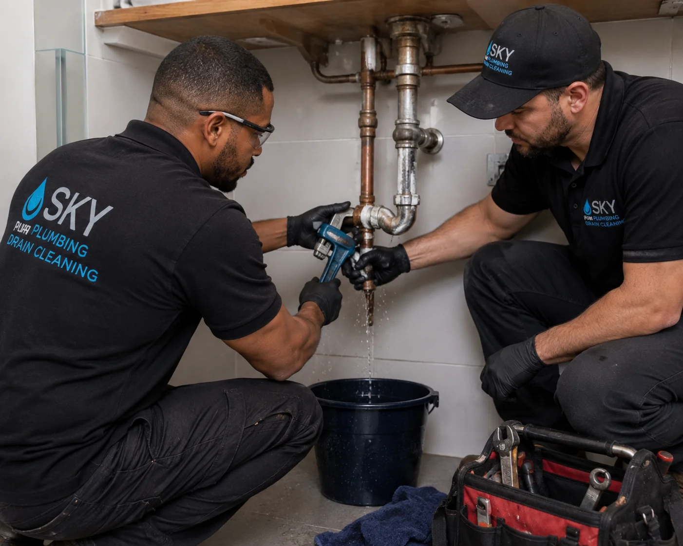 Repair of a leaking pipe showing professional plumbing work in progress