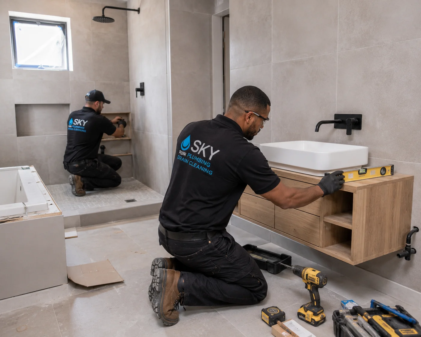 Modern bathroom renovation completed by Sky Plumbing team
